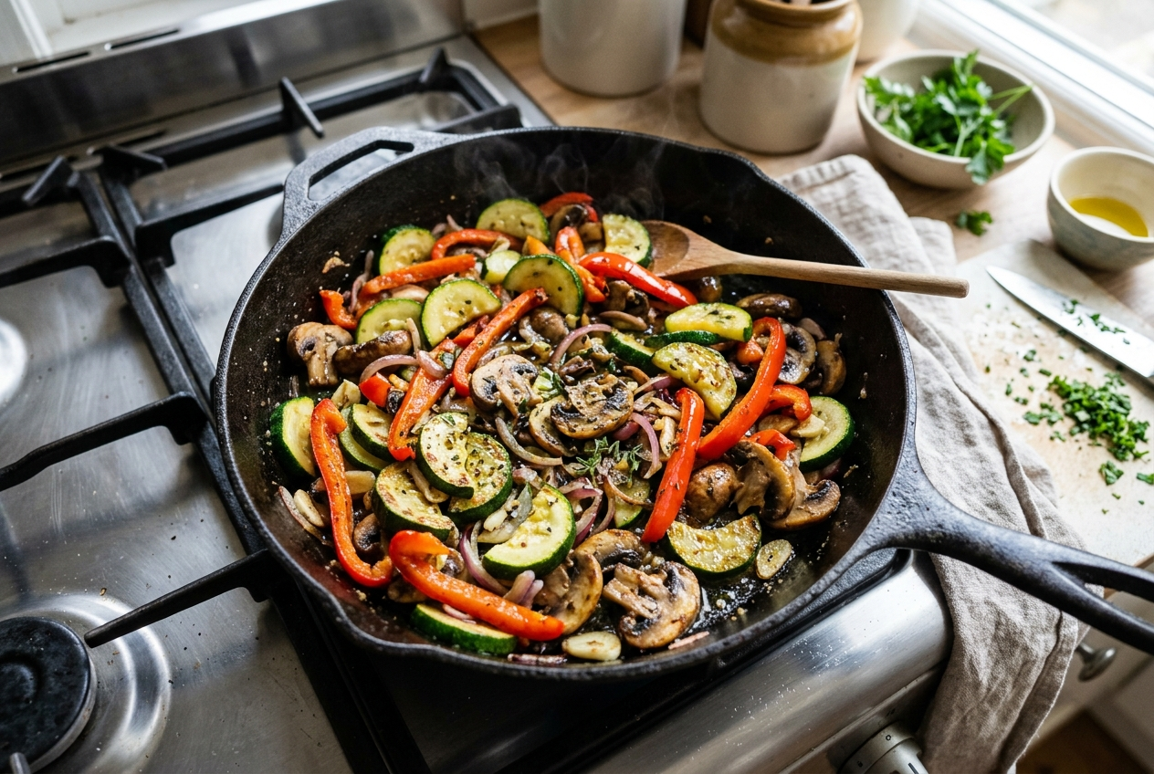 Groenten in de pan gebakken, courgette, paprika, champignons